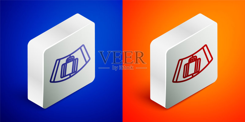 2.5D线条机场传送带:含乘客行李、手提箱、包、行李图标(蓝、橙背景)。银色方形按钮矢量图图标素材