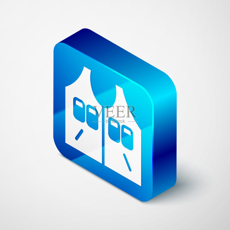 2.5D猎装夹克图标,灰色背景。狩猎背心。蓝色方形按钮。矢量图标素材