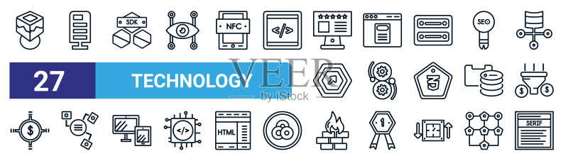 27个细线科技图标:虚拟盒、Web服务器、SDK、声明、DevOps、结构元素、防火墙、衬线字体矢量图标,适用于移动应用和网页设计图标素材