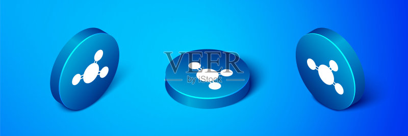 2.5D分子图标,蓝色背景。化学分子结构,科学教育海报。蓝色圆形按钮矢量图图标素材