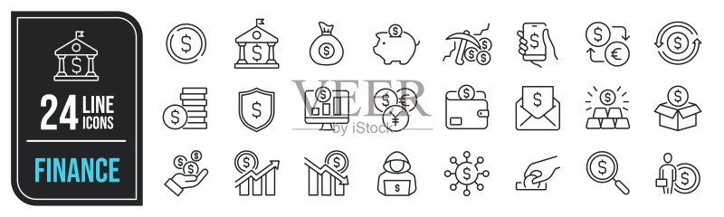 金融细线图标:货币、硬币、储蓄罐、投资矢量图图标素材
