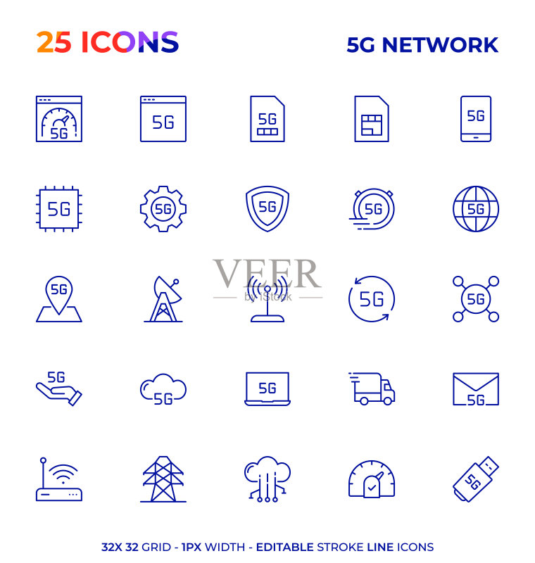 5G网络技术可编辑描边线性图标系列图标素材