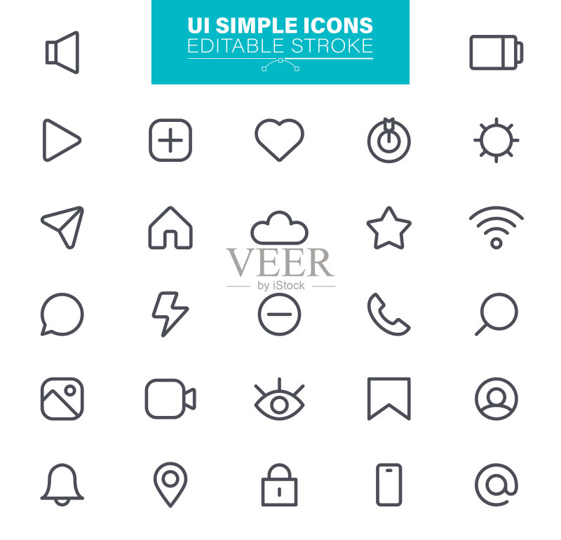 UI简约图标,可编辑描边。Web和移动应用程序的轮廓图标集图标素材