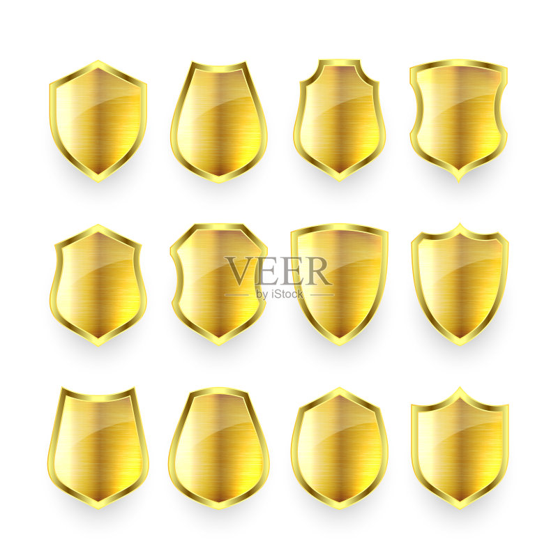 各种复古3D金属盾牌图标合集,闪亮的金色纹章盾牌,黑色保护和安全标志、标签,矢量图图标素材