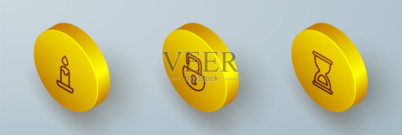 2.5D燃烧的蜡烛、打开的挂锁和旧沙漏图标矢量素材图标素材