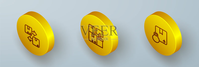 2.5D等距线纸板箱,带交通标志、仓库箱和纸箱图标矢量图图标素材