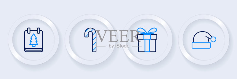 圣诞节元素线条图标:圣诞帽、礼品盒、糖果手杖和日历图标素材