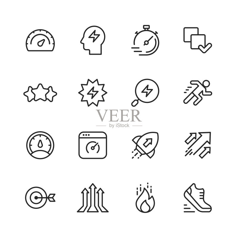 性能线性图标。可编辑笔画。像素完美。适用于移动和Web。包含性能、增长、反馈、跑步、速度计、权限、成功等图标。图标素材