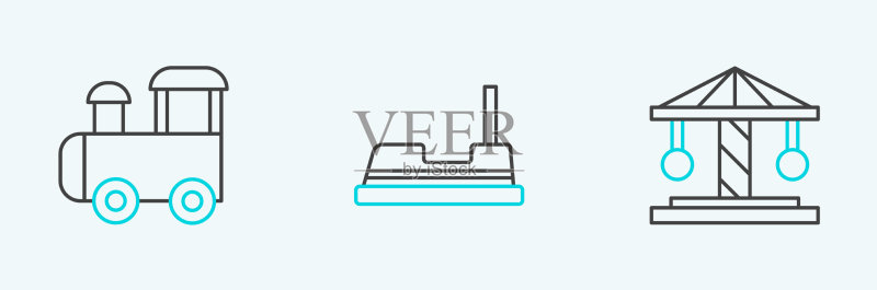 游乐设施系列:旋转木马、玩具火车和碰碰车图标素材