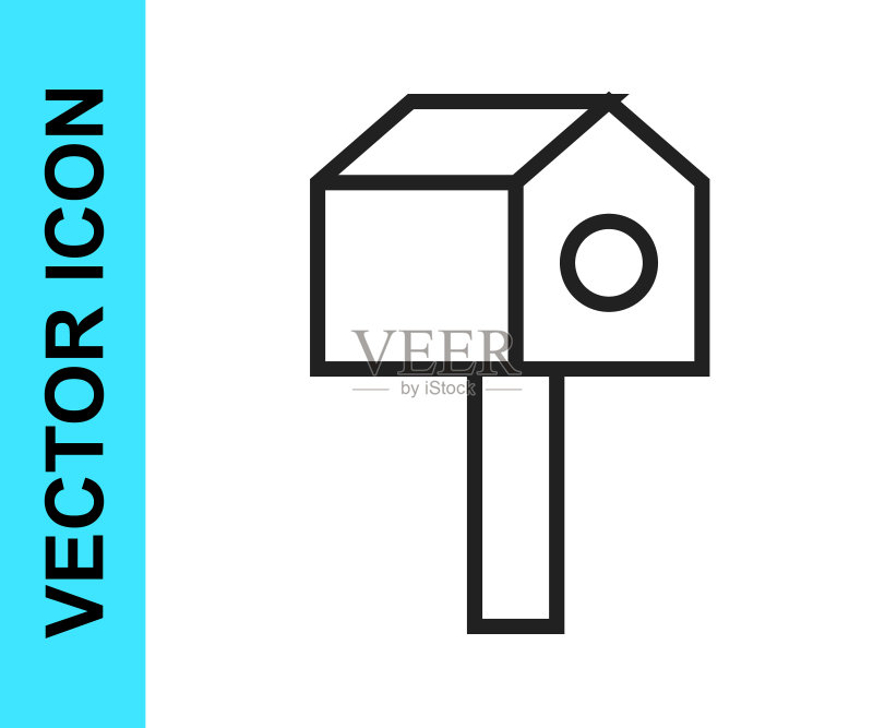 白色背景上的黑色线条鸟舍图标。用于鸟类的自制巢箱建筑。矢量图图标素材