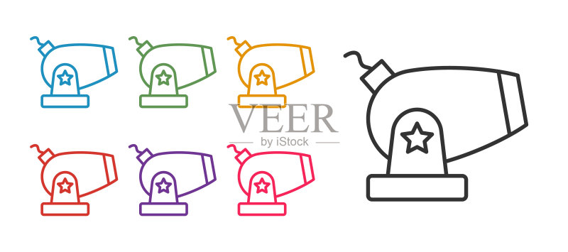 白色背景上的火炮图标线性集,彩色矢量图标图标素材