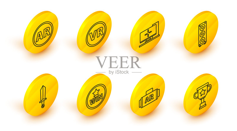 游戏奖杯、AR、增强现实、奖牌、剑、立体声扬声器、电脑显示器、虚拟眼镜和图标图标素材