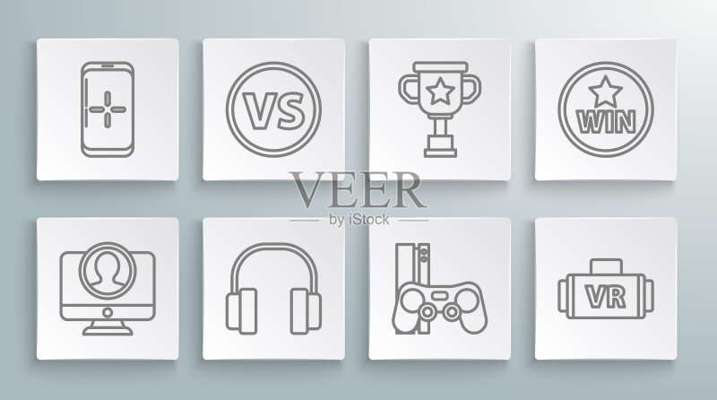 创建帐户屏幕、对战、耳机、游戏机、VR眼镜、奖杯、奖牌和游戏手机图标矢量素材图标素材