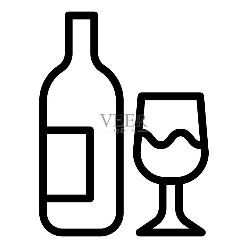 玻璃杯和酒瓶线条图标:白底酒瓶和高脚杯轮廓样式示意图。酒厂标志移动概念网页设计。矢量图形。图标素材
