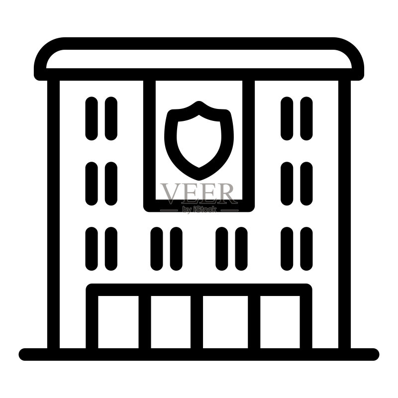 消防部门大楼线性图标:白色背景上的紧急消防站轮廓图,消防员标志移动概念网页设计矢量图形图标素材
