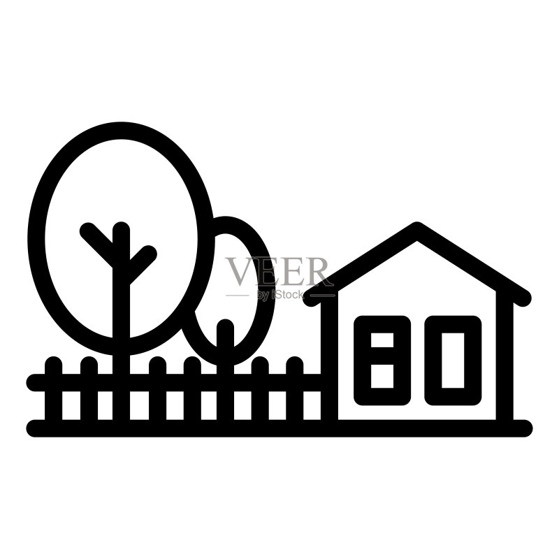 带树木线条图标的小屋,夏季概念,白色背景上的乡村景观标志图标素材