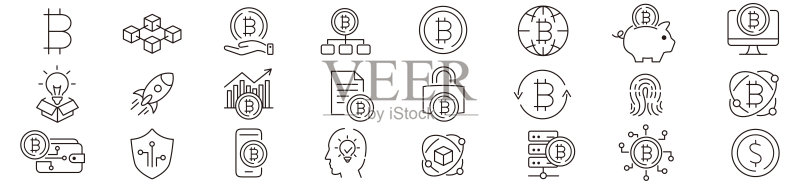 比特币加密货币网络区块链NFT钱包交易可编辑描边图标集矢量图图标素材