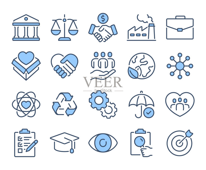 企业社会责任蓝色可编辑描边轮廓图标,白色背景平面矢量图。像素完美。64 x 64。图标素材