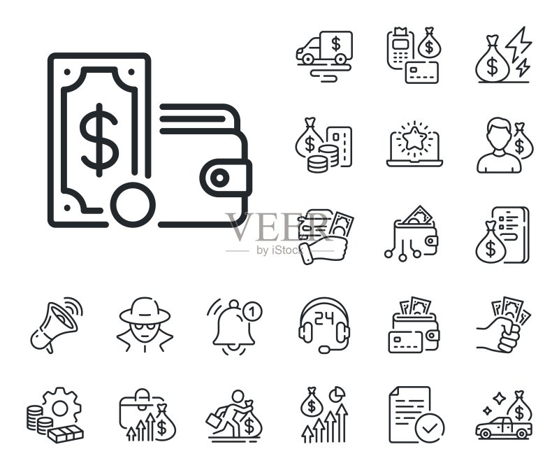 钱包金钱线性图标:现金货币符号矢量图标素材