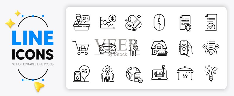 已批准文件、定位App和家具线性图标。适用于Web应用程序。矢量图图标素材