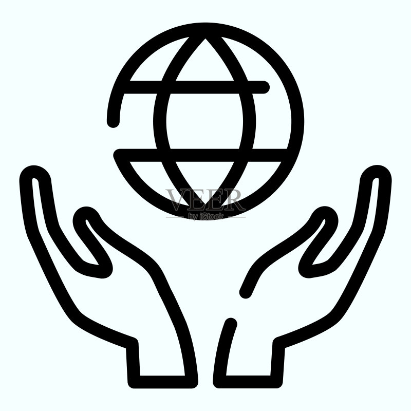 手中的地球线条图标。双手捧着地球矢量插图,与白色隔离。为应用程序设计的双手捧着地球轮廓风格。EPS 10。图标素材