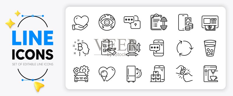行李尺寸、比特币思考和自动取款机线性图标矢量素材,适用于Web应用图标素材