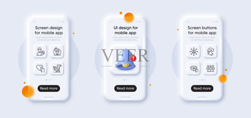 疫苗保护、旋转手势和搜索人物线条图标包。适用于Web应用程序。3D手机模型。矢量图标素材