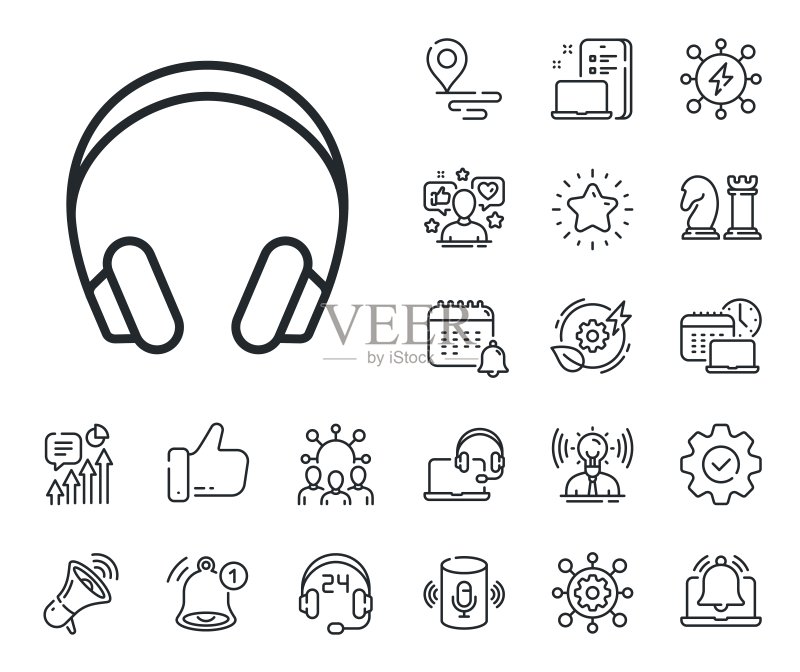 耳机线条图标。音乐收听符号。位置、技术和智能扬声器。矢量图标素材