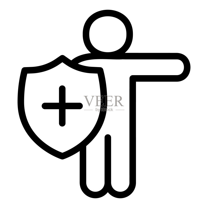 戴医疗防护罩的人线条图标。具有卫生防护罩标志的病毒防护,白色背景上的轮廓样式象形图。预防标志移动概念和网络图标素材