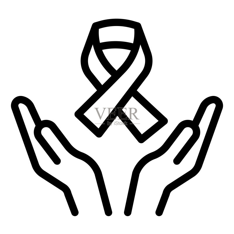 手持癌症磁带的线性图标,世界癌症日概念,世界艾滋病日在白色背景上的标志,手掌上的癌症磁带图标轮廓样式移动,网络。矢量图形。图标素材