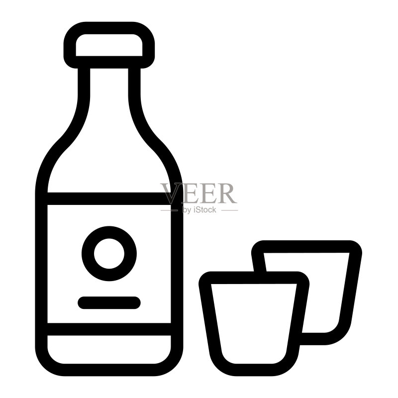 清酒瓶和两个酒杯,酒精饮料线性图标图标素材