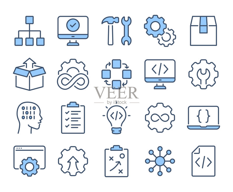 DevOps方法和软件开发概念蓝色可编辑笔画轮廓图标集,白色背景扁平矢量图。像素完美。64 x 64。图标素材