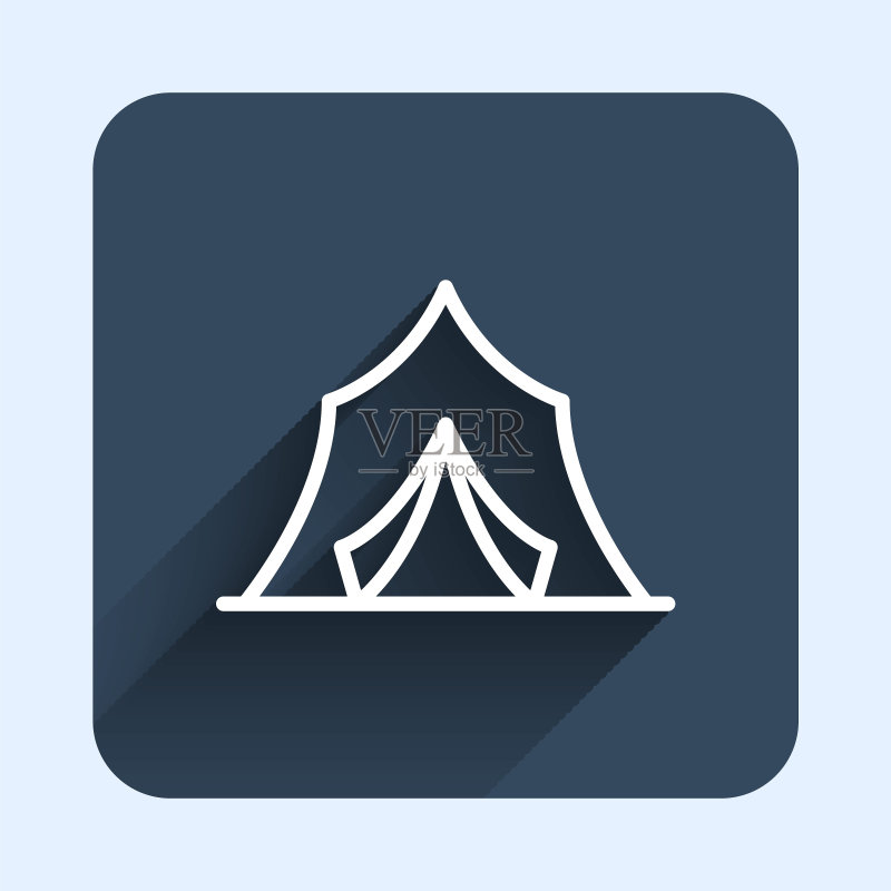 白色线条马戏团帐篷图标,长阴影背景。嘉年华露营帐篷。游乐园。蓝色方形按钮。矢量图图标素材