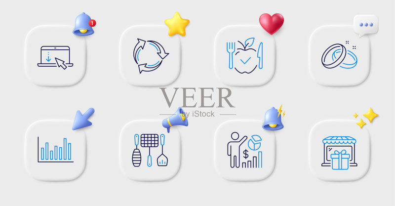 回收、SEO统计和结婚戒指直线图标。用于Web应用程序、打印。矢量图标素材
