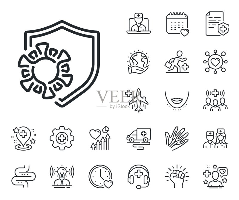 新冠病毒防护线性图标:在线医生、病患与药物矢量图图标素材
