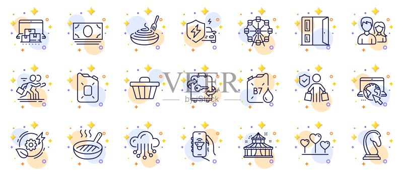 马戏团、汽车充电和购物车线性图标集,适用于Web应用程序,象形图标,矢量素材图标素材