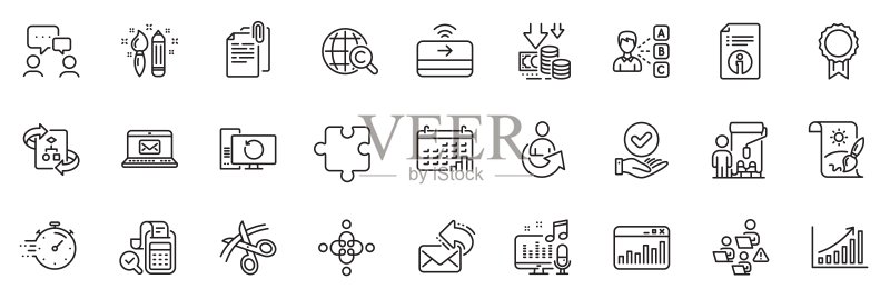 电脑恢复、电子邮件和复选框线性图标包,适用于Web应用,矢量素材图标素材