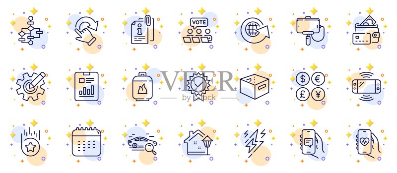 健康App、齿轮和货币线性图标轮廓集,适用于Web应用程序,象形图矢量图标素材
