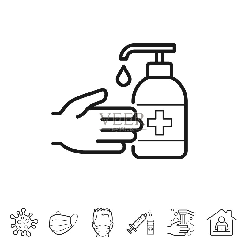 使用洗手液消毒:可编辑描边线性图标图标素材