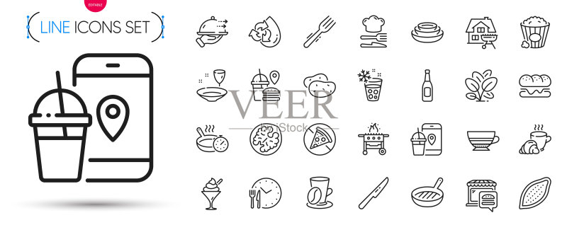 食品App、食品配送和土豆线性图标包。矢量图图标素材
