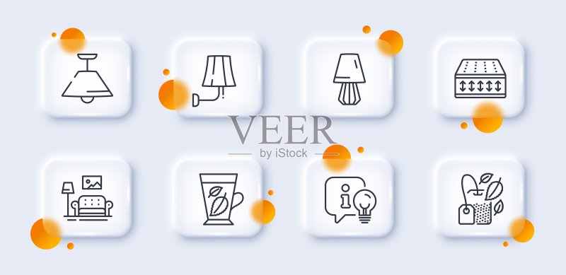 薄荷叶、灯和柔性床垫线条图标包。适用于Web应用程序。3D玻璃按钮。矢量图图标素材