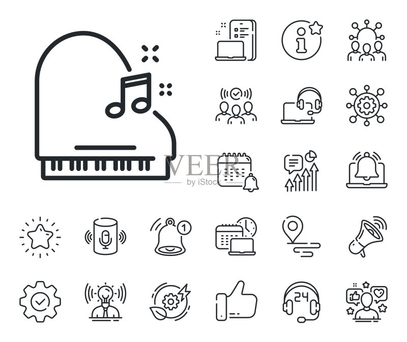 钢琴线性图标。乐器标志。位置定位、技术和智能音箱。矢量图图标素材
