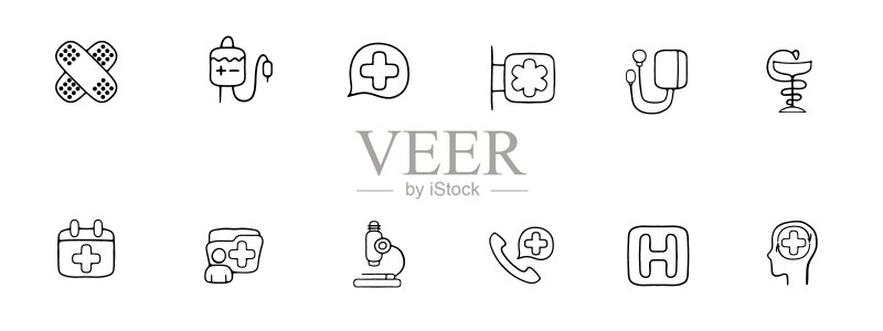 医药线性图标。输血、加号、药房、药理学、补丁、文件夹。用于商业的白色背景上的矢量黑色线性图标图标素材