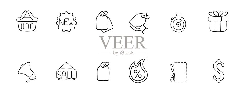 折扣线性图标。礼品、优惠券、标签、美元、热销价格、黑色星期五促销。用于商业的白色背景上的矢量黑色线性图标图标素材