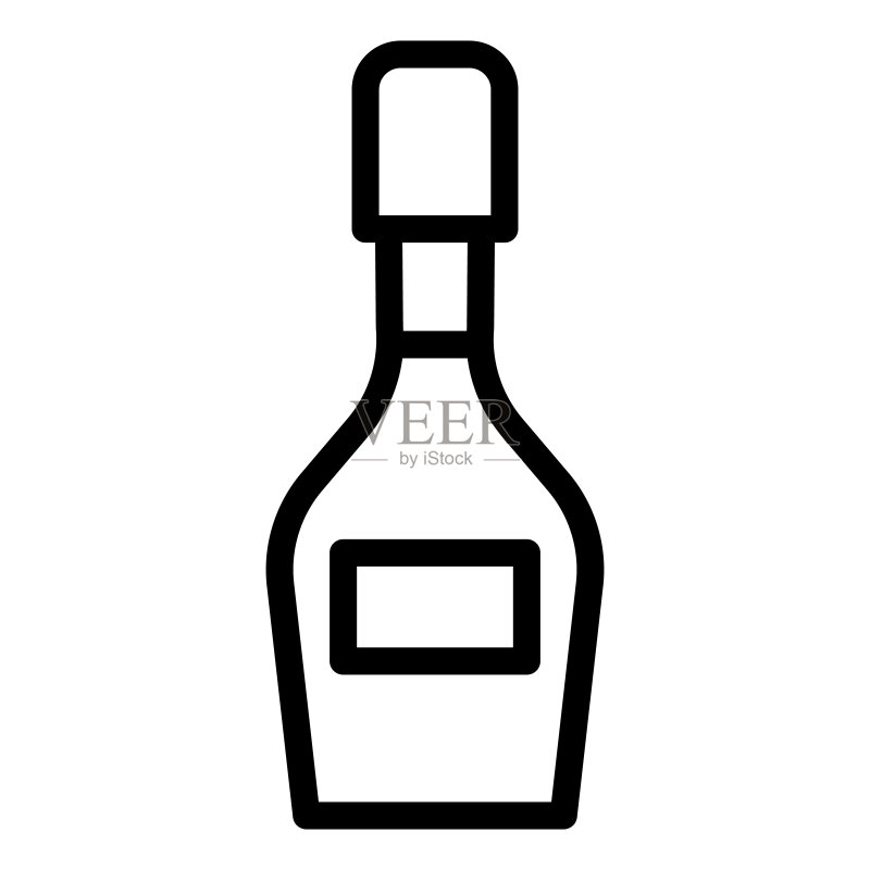 香槟酒瓶线条图标,酒精饮料概念,白色背景上的香槟标志,移动概念网页设计中的轮廓样式葡萄酒瓶图标。矢量图形图标素材