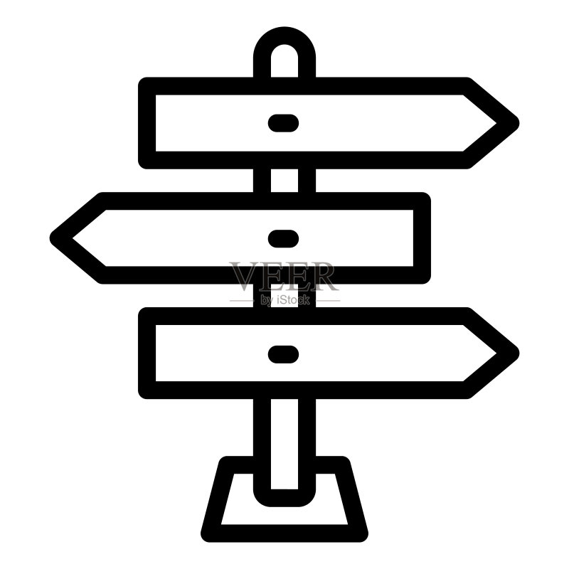 木制箭头指示牌线条图标,旅行概念,白色背景上的木制方向指示牌,移动概念网络设计中的轮廓风格路标图标矢量图形图标素材