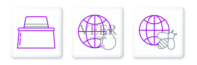 蜂窝世界地图和蜜蜂线条元素图标素材
