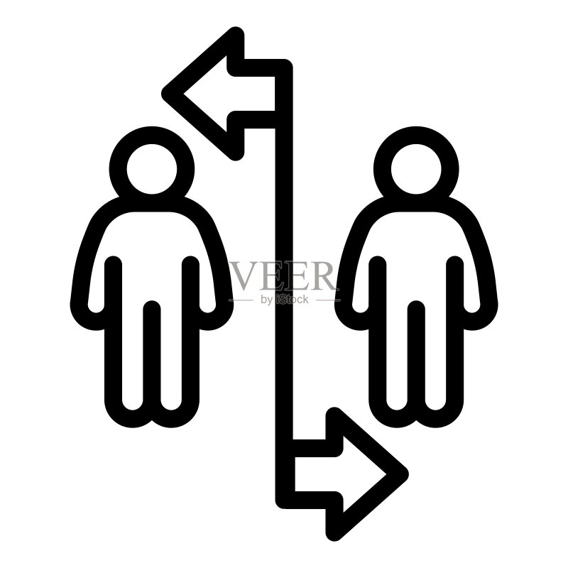 两人分隔线与箭头线条图标,保持社交距离概念,白色背景上的疾病预防标志,轮廓风格的箭头分隔两人图标。图标素材