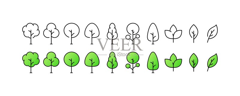植物图标:不同风格、颜色、树木和叶子矢量图标图标素材