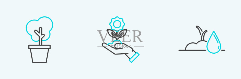 浇水、嫩芽、树木、花盆和手组合图标素材
